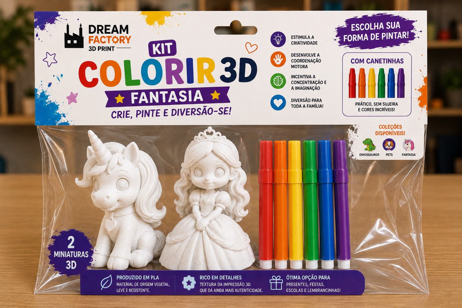 Kit Criativo 3D Fantasia com miniaturas de unicórnio e princesa