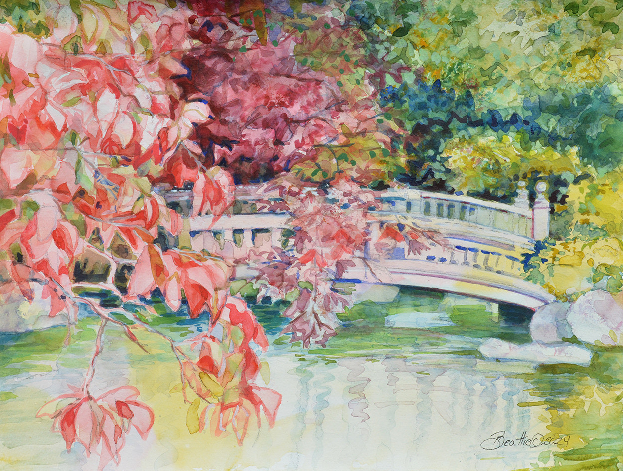 watercolor painting of Japanese Gardens in Spokane Manito gardens by Elise Beattie