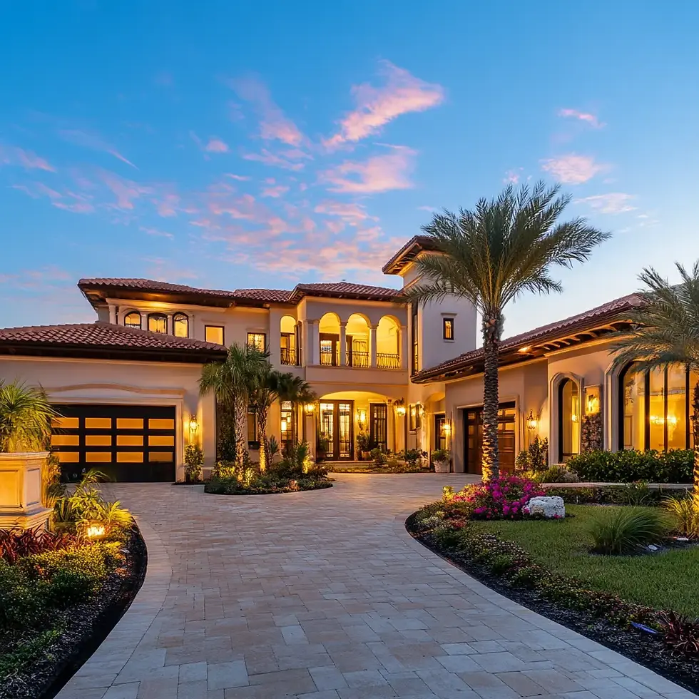 Luxurious home illuminated at dusk, showcasing stunning architectural details and a picturesque driveway. Tampa, Florida.
