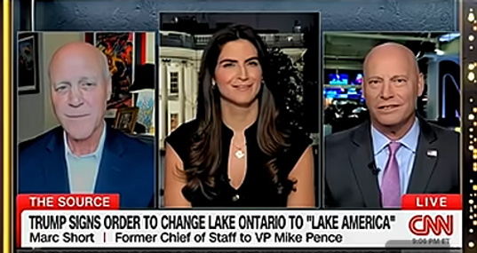 A screen split three ways, with two bald men and one dark-haired woman speaking with a banner at the bottom stating: Trump signs order to change Lake Ontario to "Lake America" on CNN.