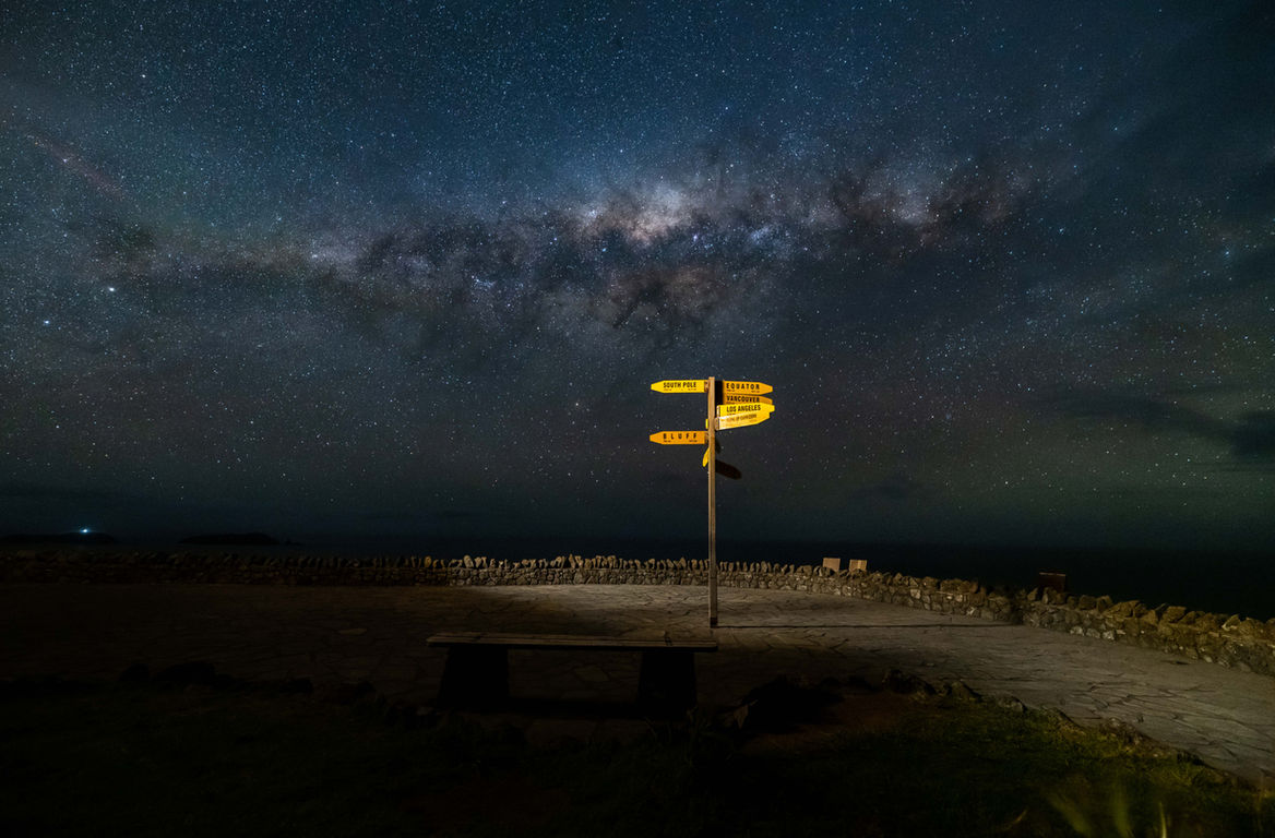 Signpost under the starry Nigth sky, illuminated by the Milky Way