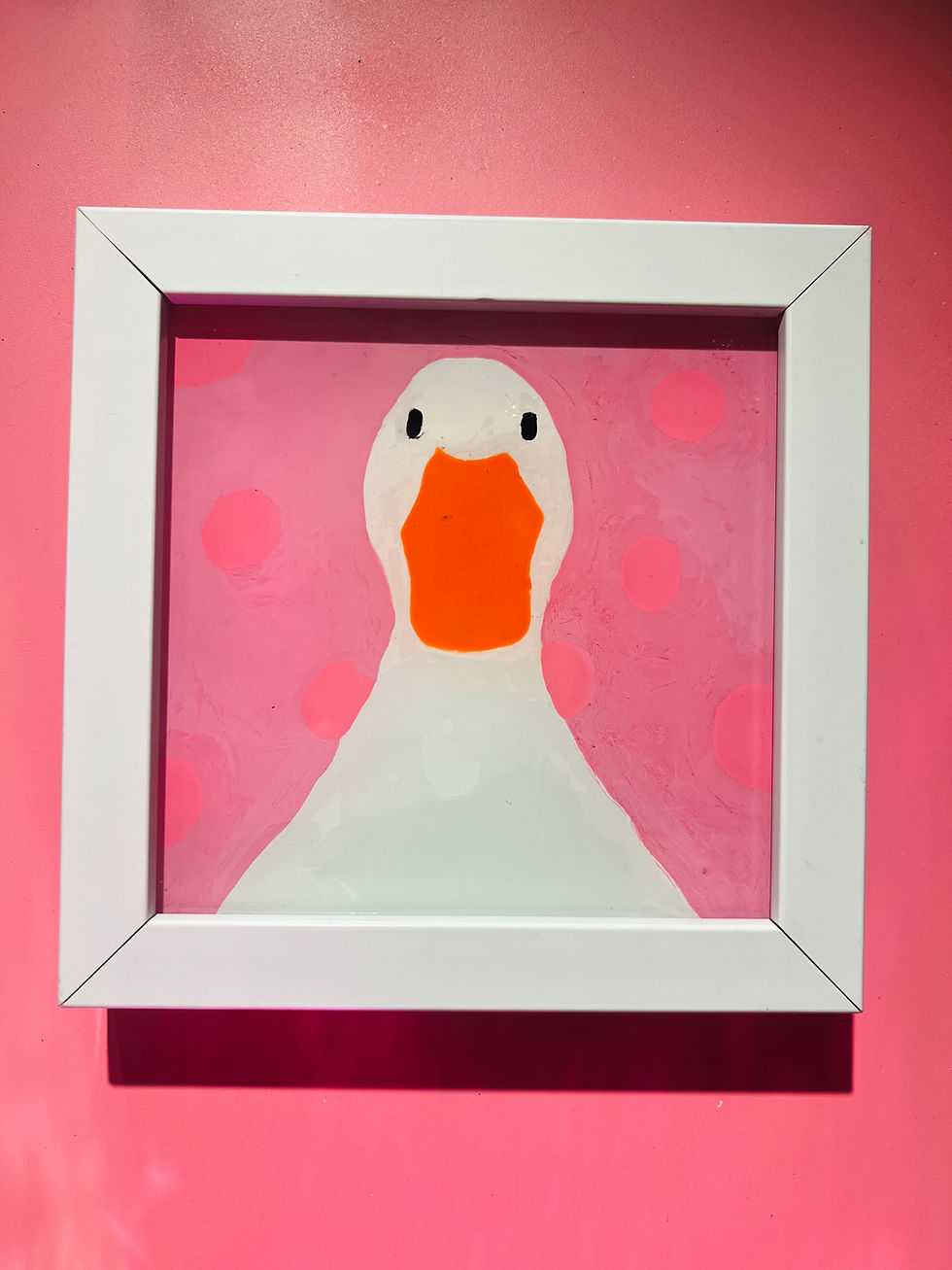 Thumbnail: Gus the Goose art hanging on hot pink wall. Barbiecore aesthetic room decor. 6x6 small wall art.
