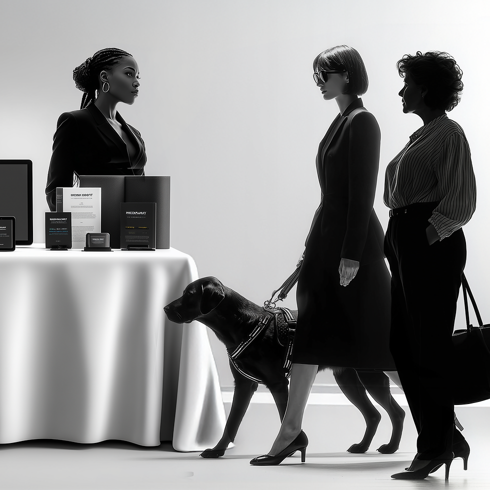 a shopper with low vision has a guide dog and is at a conference with her friend beside her