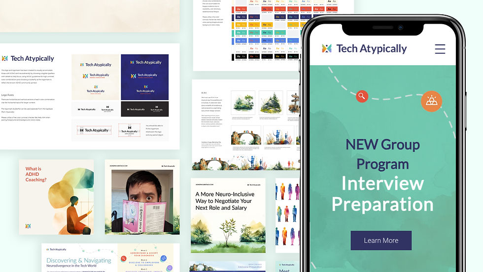 Brand guide and website of Tech Atypically, a coaching service for neurodivergent professionals navigating their tech career, their way. Brand guide gives accessibility and AI instructions.