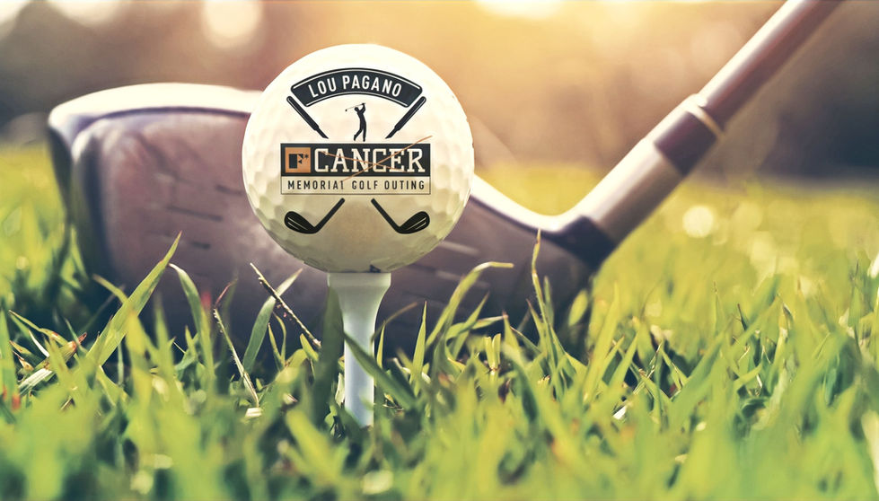 Golf ball on tee with Lou Pagano F* Cancer Logo