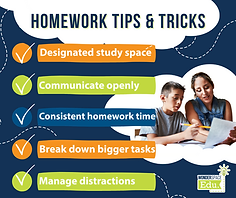 Homework tips and tricks with text and mother helping child with homework.