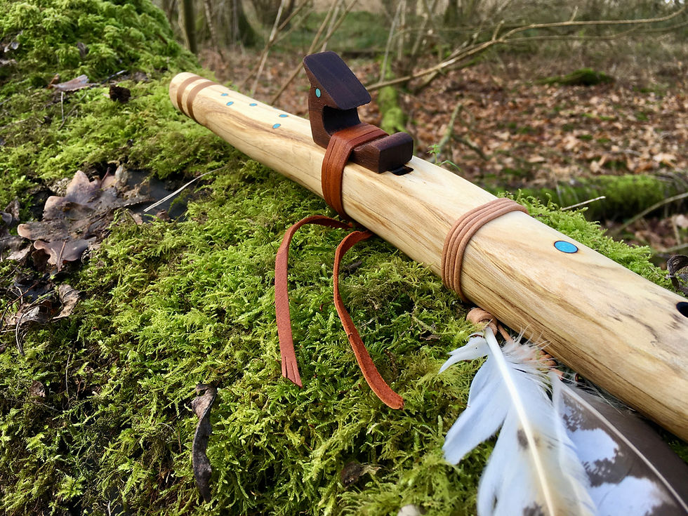 Thumbnail: Handcrafted Native American style flute made with American Angelica wood with Turquoise and Jasper inlays on mossy log.