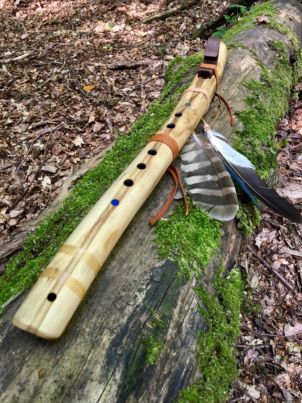 Thumbnail: Handcrafted Native American style flute made with American Angelica and walnut totem on log with autumn leaves.