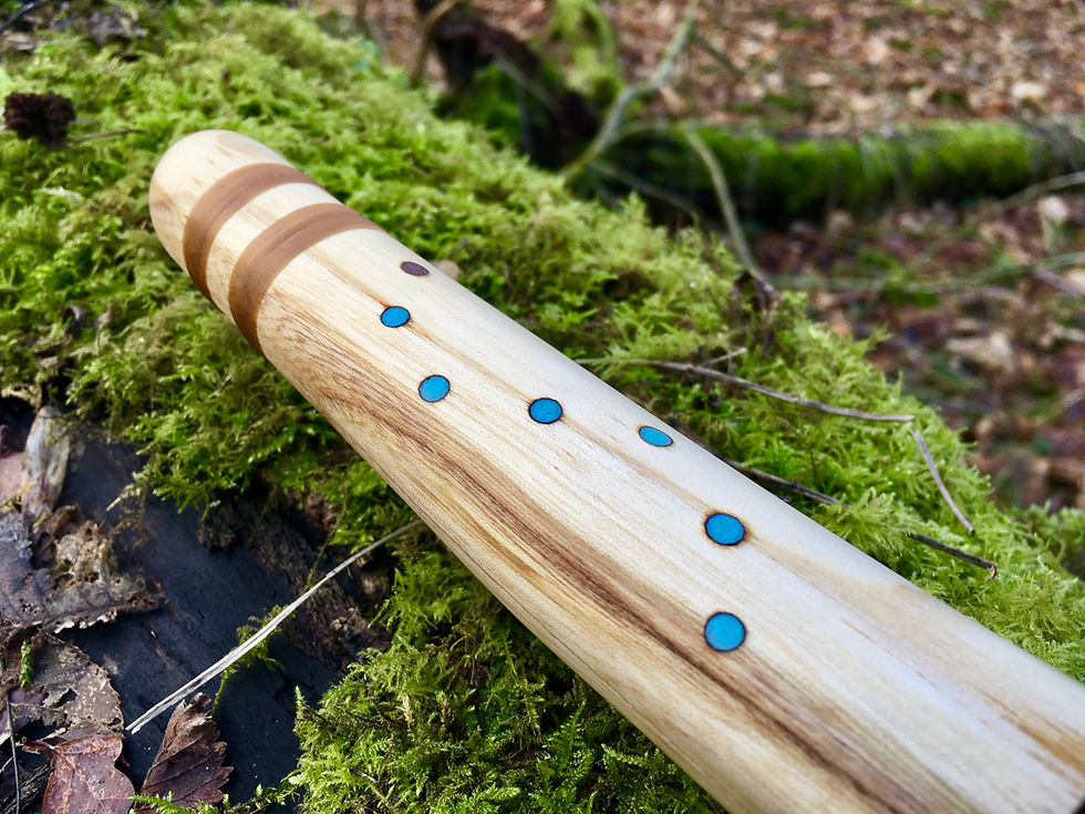 Thumbnail: Handcrafted Native American style flute made with American Angelica wood with Turquoise and Jasper inlays on mossy log.