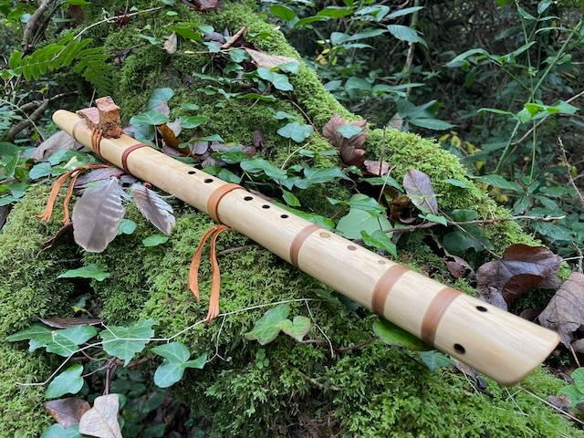 Handcrafted Native American style flute made of Hazel with Fox totem on mossy log in forest setting.