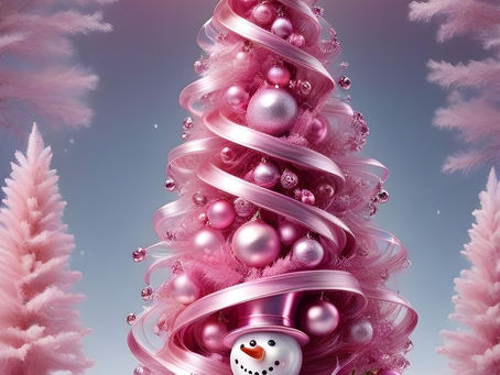 Ribbon wrapped Christmas tree with snowman