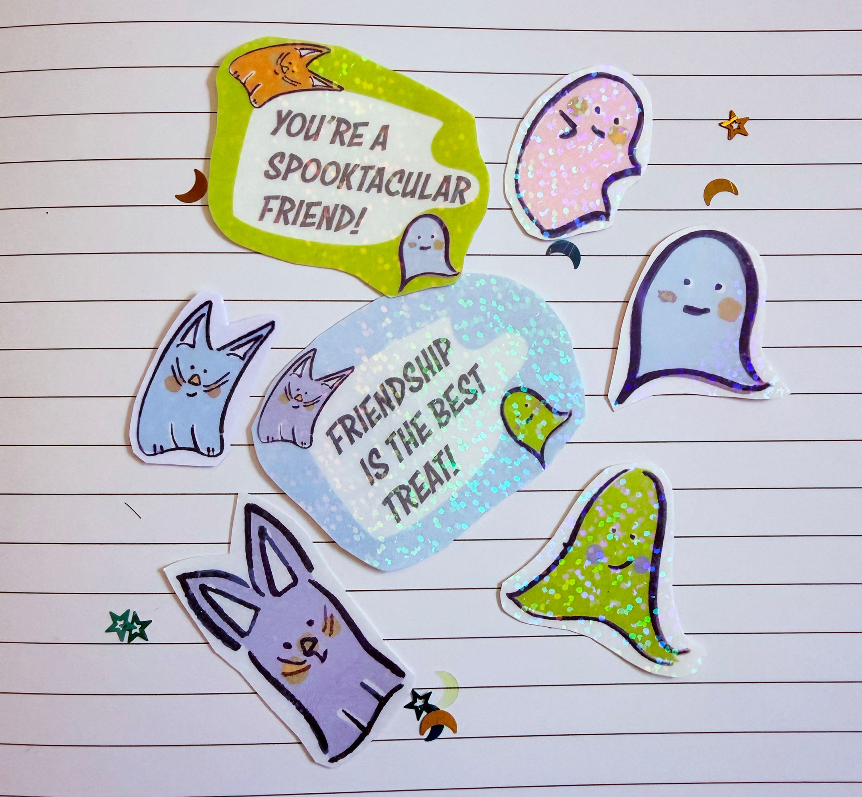 Halloween Friendship Sticker Pack, 7 Holographic Ghost and Cat Stickers