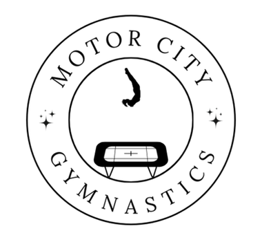 Motor City Gymnastics business logo, black and white with trampoline and silhouette of gymnasts