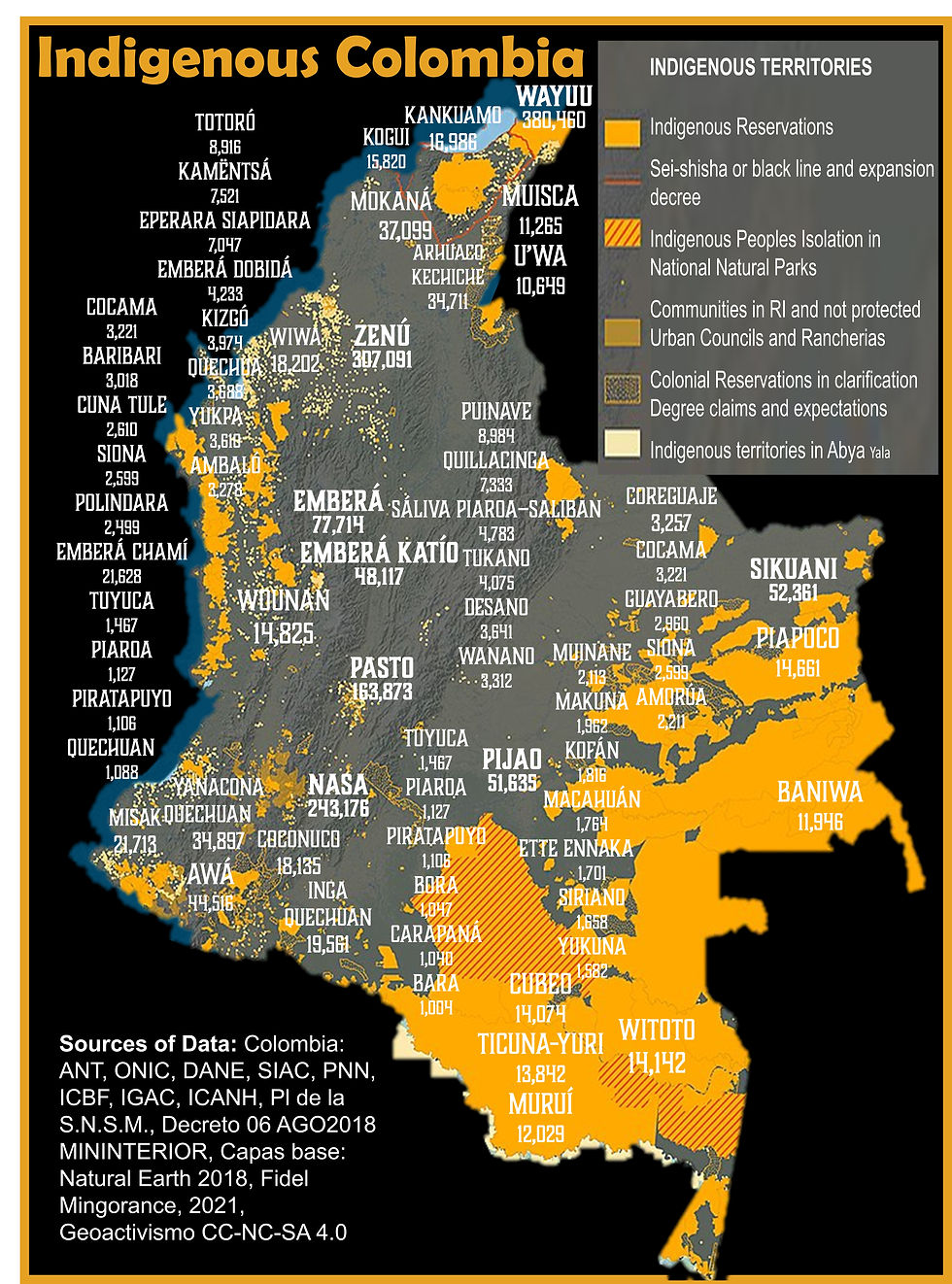 Indigenous map of Colombia  illustrating the wide spread of tribal lands and reservations, many of which, hold untold wealth in natural resources  such as petroleum, natural gas,  emeralds, gold, and other precious minerals. Colombia’s indigenous peoples resist resource extraction under their worldview of Quechua Pacha 