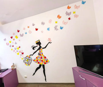 pictură murală fluturi, decor fetițe perete, siluetă cu fluturi artă, pictură artistică camere copii, decor mural feminin