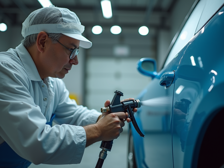 Peintre professionnel appliquant un surfacer sur une carrosserie automobile