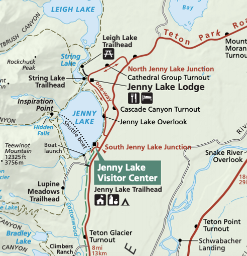 Grand Teton National Park Map of Jenny Lake, String Lake and Leigh Lake with Access Points for Paddleboarding
