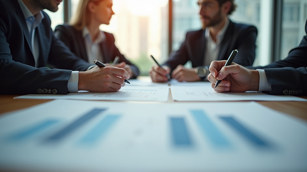 Eye-level view of a business meeting discussing plans with documents on the table
