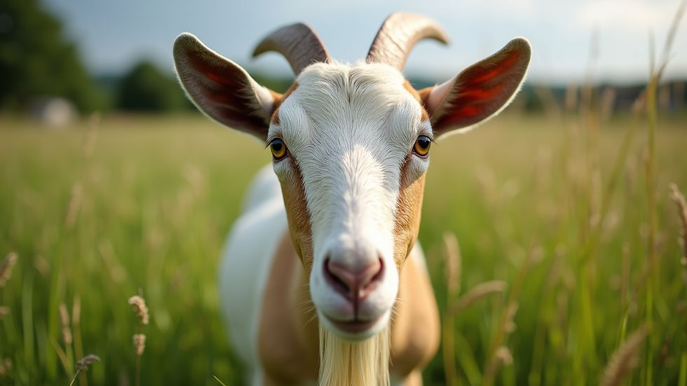 Eye-level view of a healthy goat in a pasture