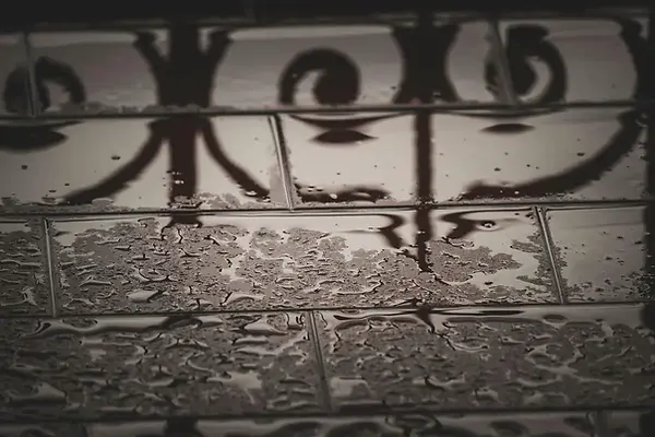 Gloss reflection showing water beading on waterproofed tile surface