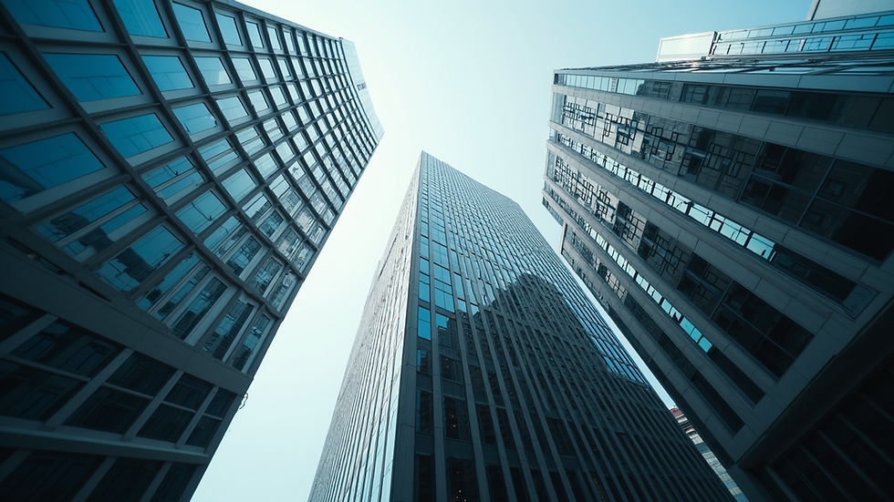 Eye-level view of an office building in a business district