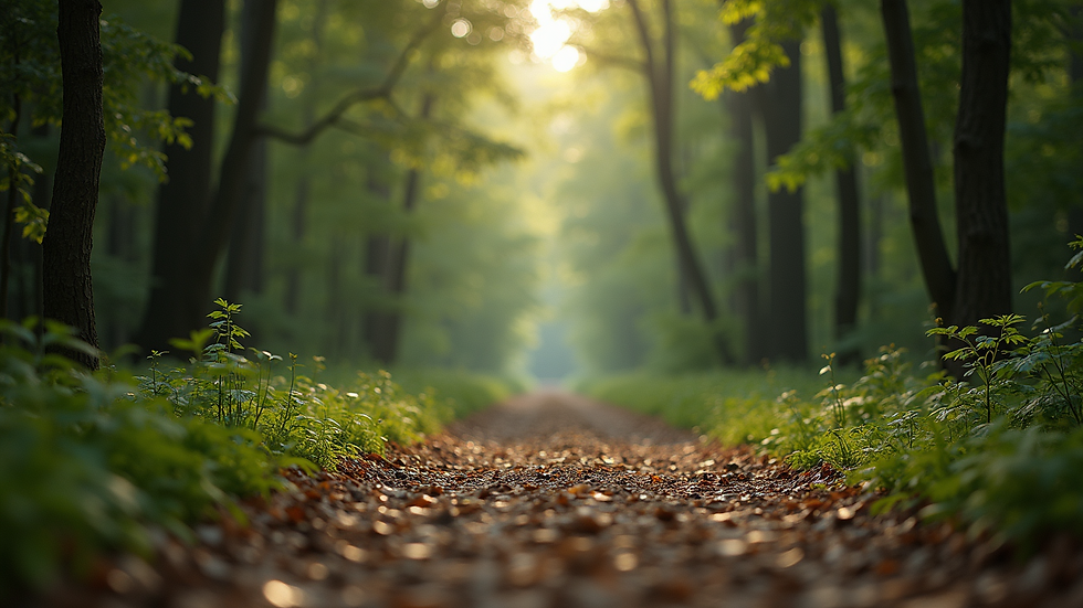 Eye-level view of a peaceful forest path