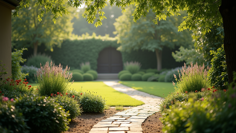 Wide angle view of a peaceful garden setting