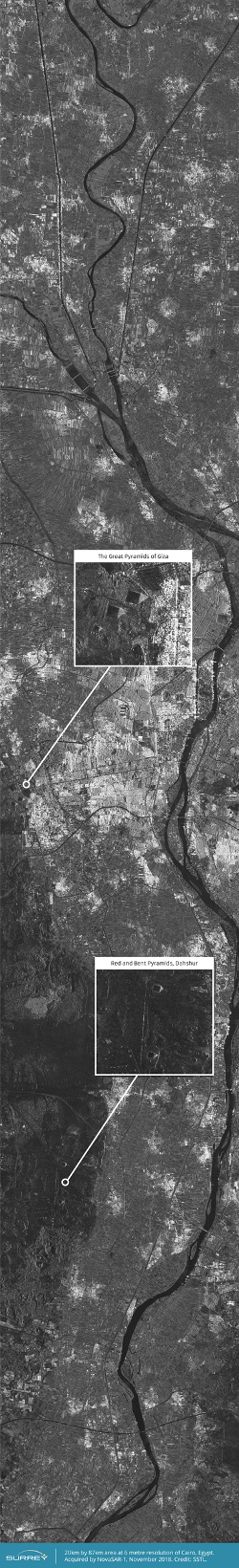 NovaSAR-1 S-Band Radar image of the Red and Bent Pyramids near Dahshur at 6 metre resolution. Image zoomed and compressed from original file size. Credit SSTL.