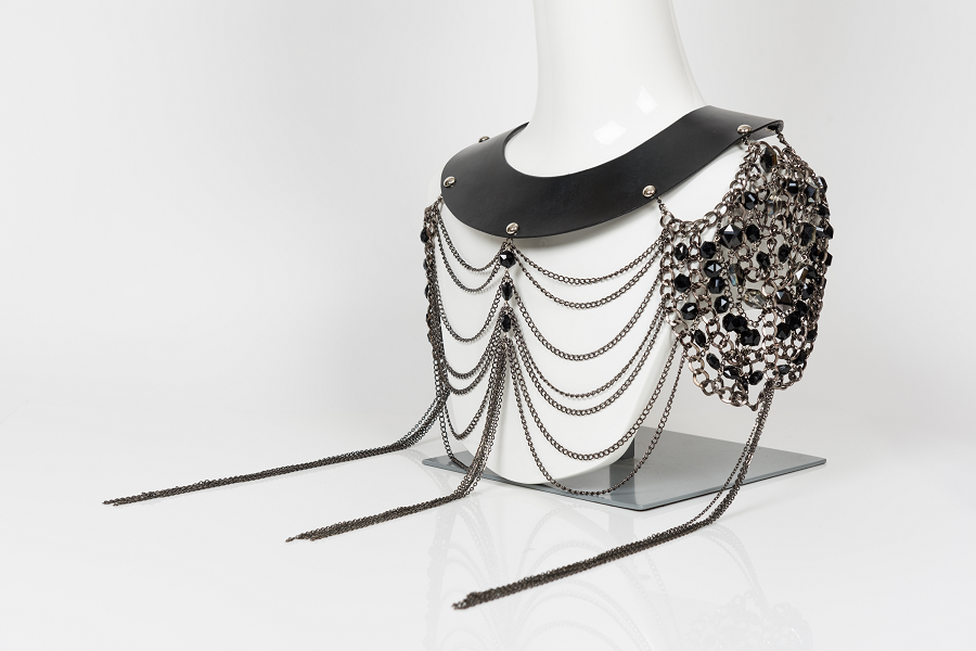 Thumbnail: Esclave - Leather and Glass Beaded Chain Collar