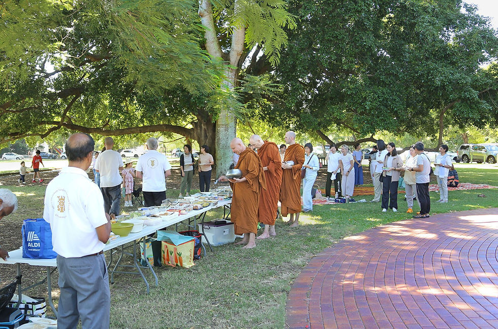Ajahn Medhino, Ajahn Dhammasiha & Tan Adicco Almsround Pindapata at New Farm Park Rotunda