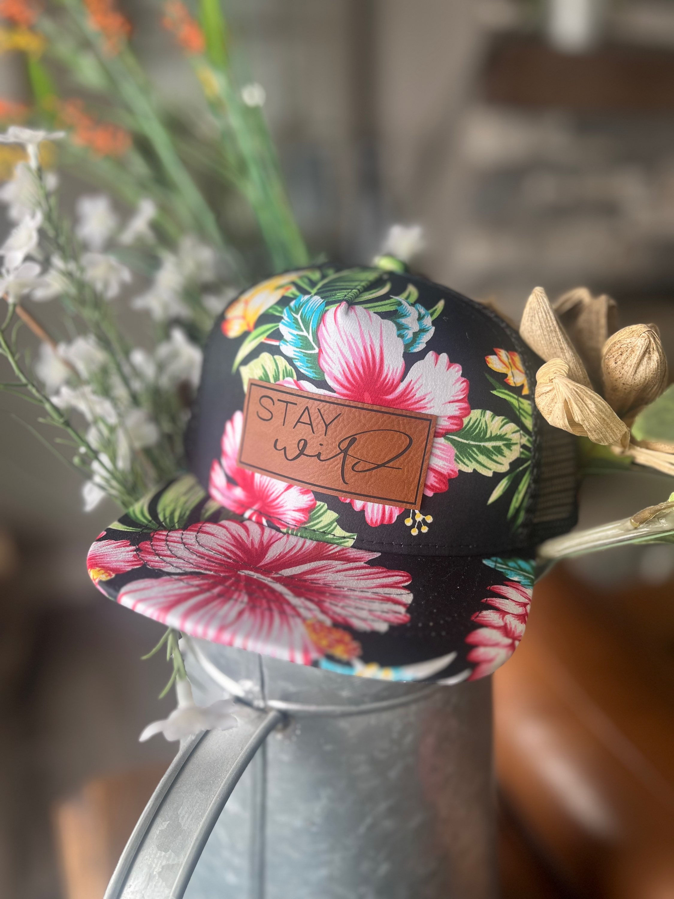 Infant Black Floral 5 Panel Hat