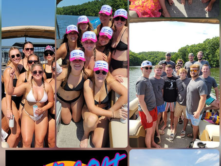 Collage of Boat Goat trips and lake parties at Lake of the Ozarks featuring families, friends, and bachelor/bachelorette groups