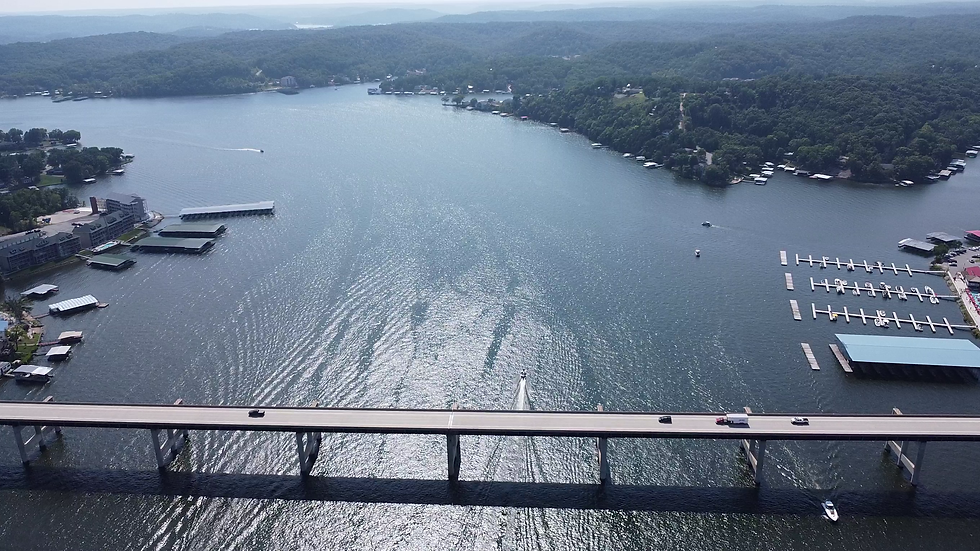 Aerial view of the Hurricane Deck Bridge and Cave Bar and Grill at Lake of the Ozarks captured by Mix N Morph Media