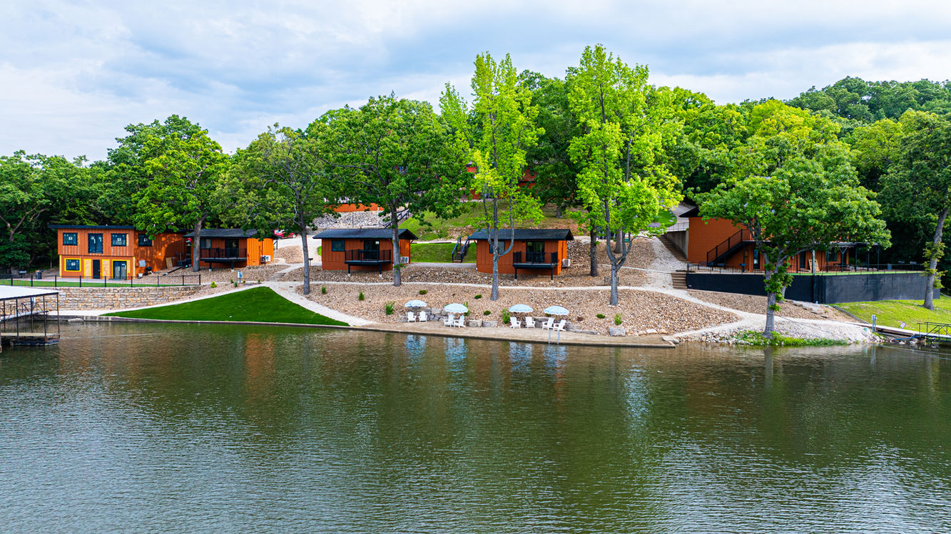 Exterior of private lakefront cabin steps from the water at Sunset Beach Resort