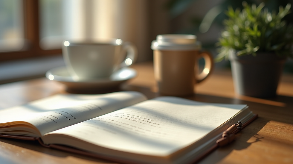 Eye-level view of a cozy workspace with a notebook and a cup of coffee