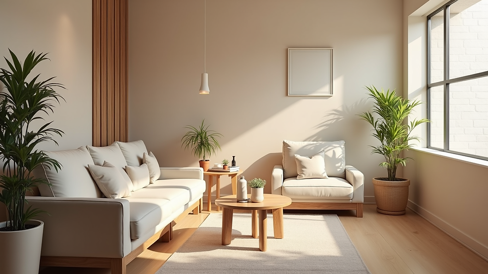 High angle view of a therapy room with comfortable seating and calming decor