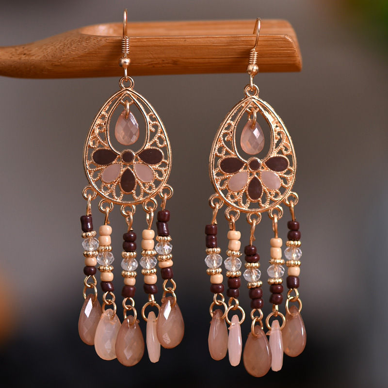 Thumbnail: Vintage Ethnic Long Drop Oil Flower Beads Tassel Earrings for Women Boho Gold Co