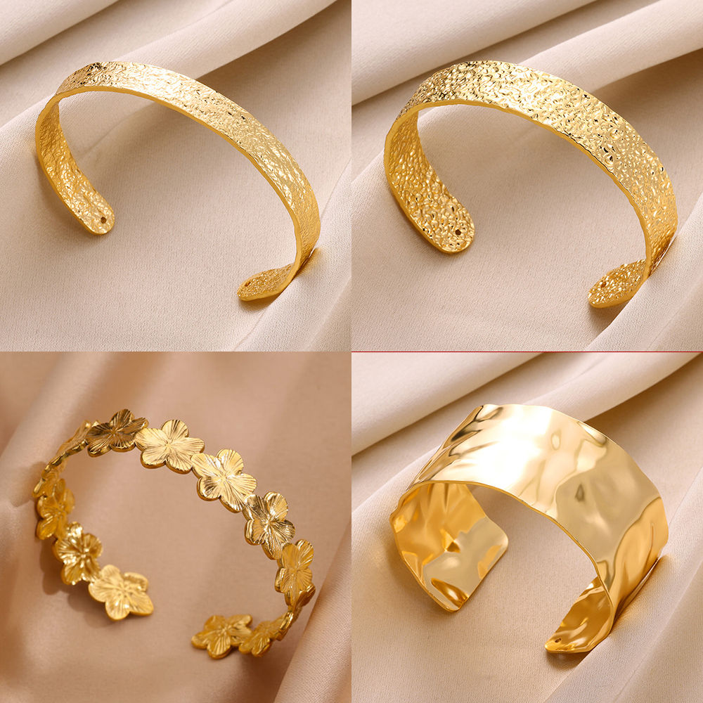 Stainless Steel Wide Bangles for Women Luxury Gold Color Chunky Flower Cuff Bang