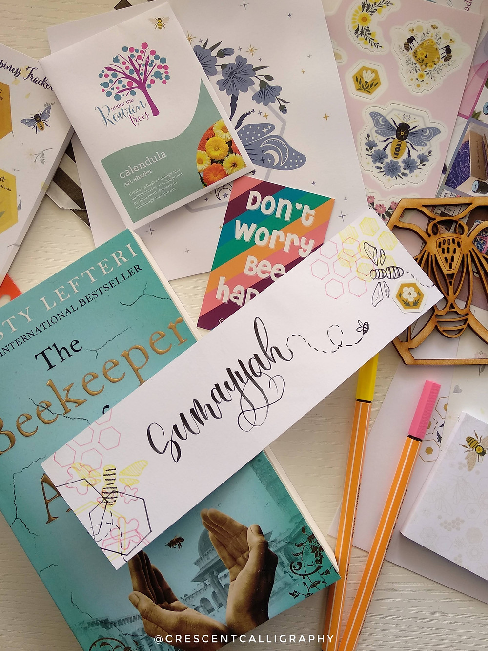 bee themed handlettered bookmark