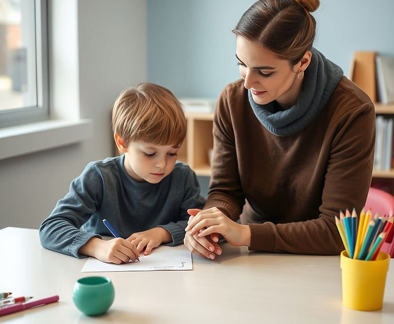 it's an aba therapy rbt working child at a table teaching hims to match add the adult who