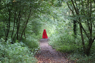 Red riding hood in Ebor Gorge, Somerset filming The Thought Dancer