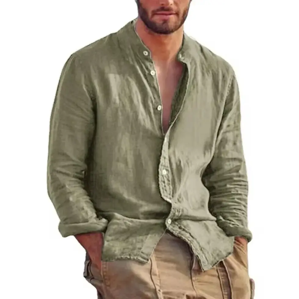 Thumbnail: New Mens Long Sleeve Linen Shirt Stand U