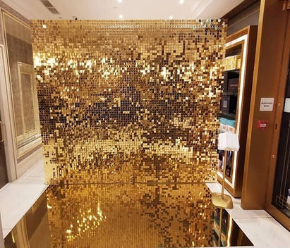 Gold sequin shimmer wall backdrop, 8ft x 8ft, luxury event hire
