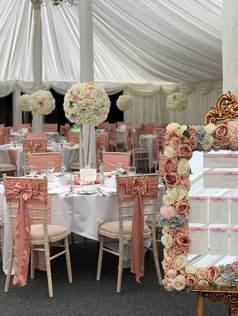 Olivia Centrepieces, Rose Gold Chair Sashes, Floral Mirror Table Plan & Ornate Gold Chic Easel - Park Hill