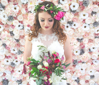 Grey Blush flower wall backdrop for event hire in Norfolk and Suffolk