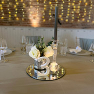 centrepiece- silver crackle millie, silver crackle votive, silver mirror plate, glass cand