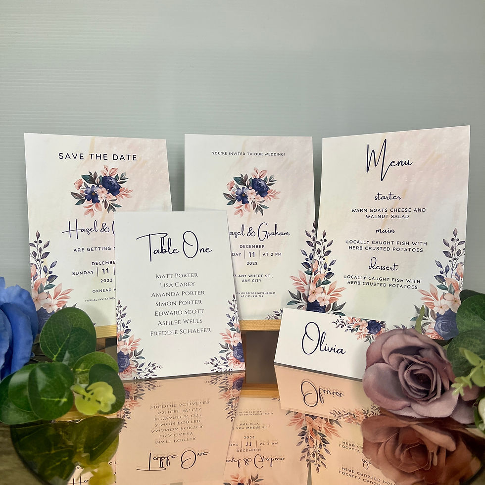 Navy and Blush Florals Design Flat Lay Card Stationery Suite