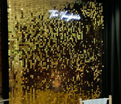 Gold sequin shimmer wall backdrop, 8ft x 8ft, luxury event hire