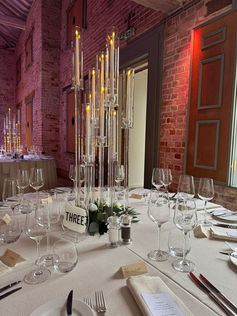 10 Stem Multi Height Glass Candelabra with Artificial Foliage and Table Number - Kimberley Hall