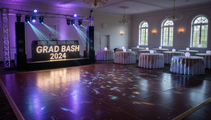 Vista a nivel de pista de una zona de baile preparada para una graduación en salón